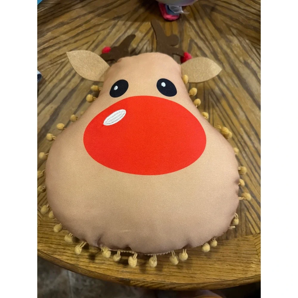Rudolph Red-Nosed Reindeer Christmas Decorative Throw Pillow Pom-Pom Trim Tan